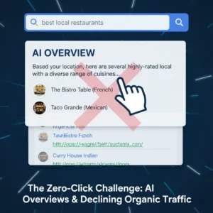 zero-click challenge, with a prominent AI Overview answer on a SERP above traditional organic links