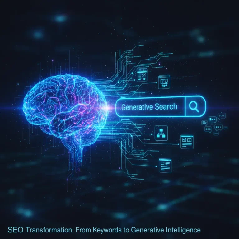 SEO transformation, with an AI brain connecting to a search bar and content data streams, symbolizing the shift to Generative Engine Optimization