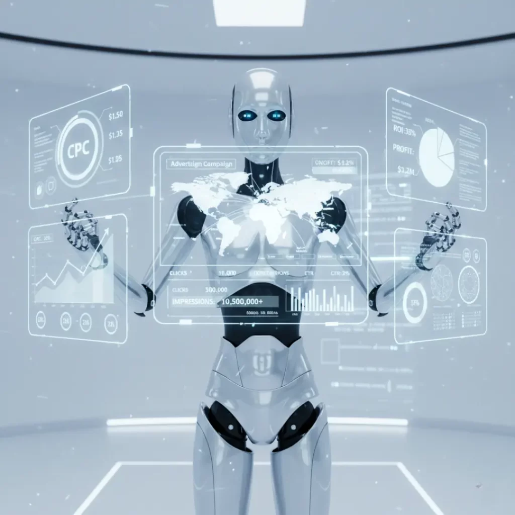 futuristic robot managing multiple floating screens displaying various ad campaign metrics