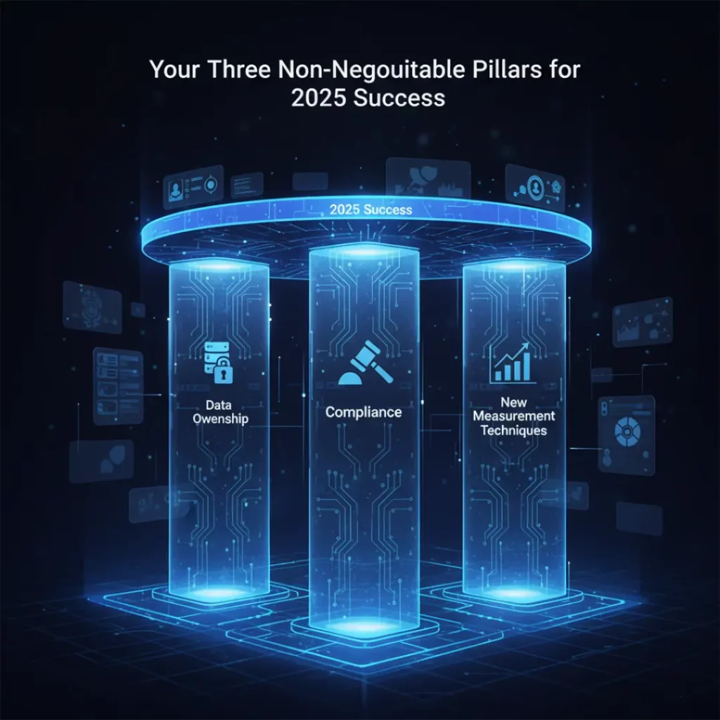 Each pillar would be clearly labeled with "Data Ownership," "Compliance," and "New Measurement Techniques,"