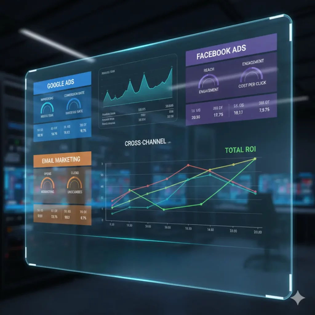 A glowing glass display showing real-time multi-channel data including Facebook Ads and Email Marketing graphs.
