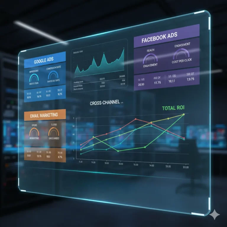 A glowing glass display showing real-time multi-channel data including Facebook Ads and Email Marketing graphs.