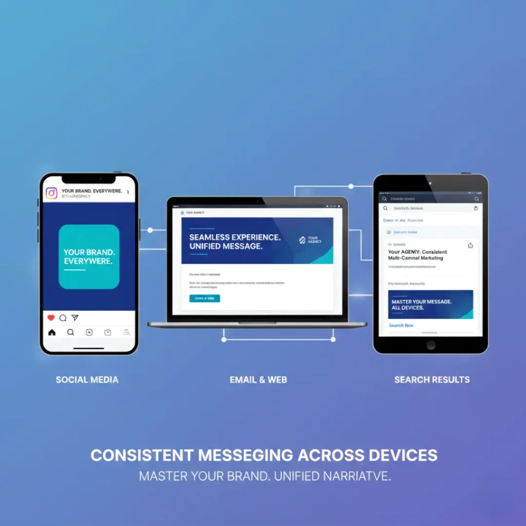 A smartphone, laptop, and tablet showing synchronized branding with the text "Consistent Messaging Across Devices."