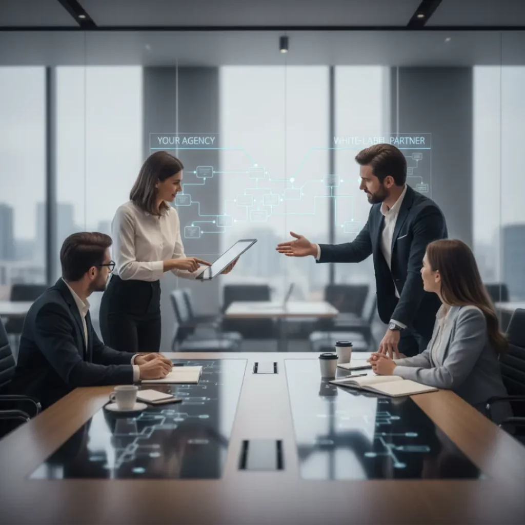professionals in business attire gathered around a modern, glowing digital touchscreen table in a high-rise office.