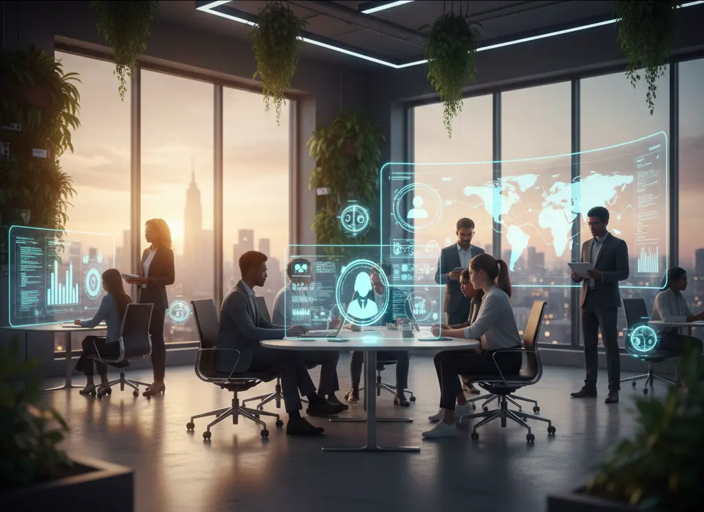 a modern corporate office setting with professionals collaborating in a meeting